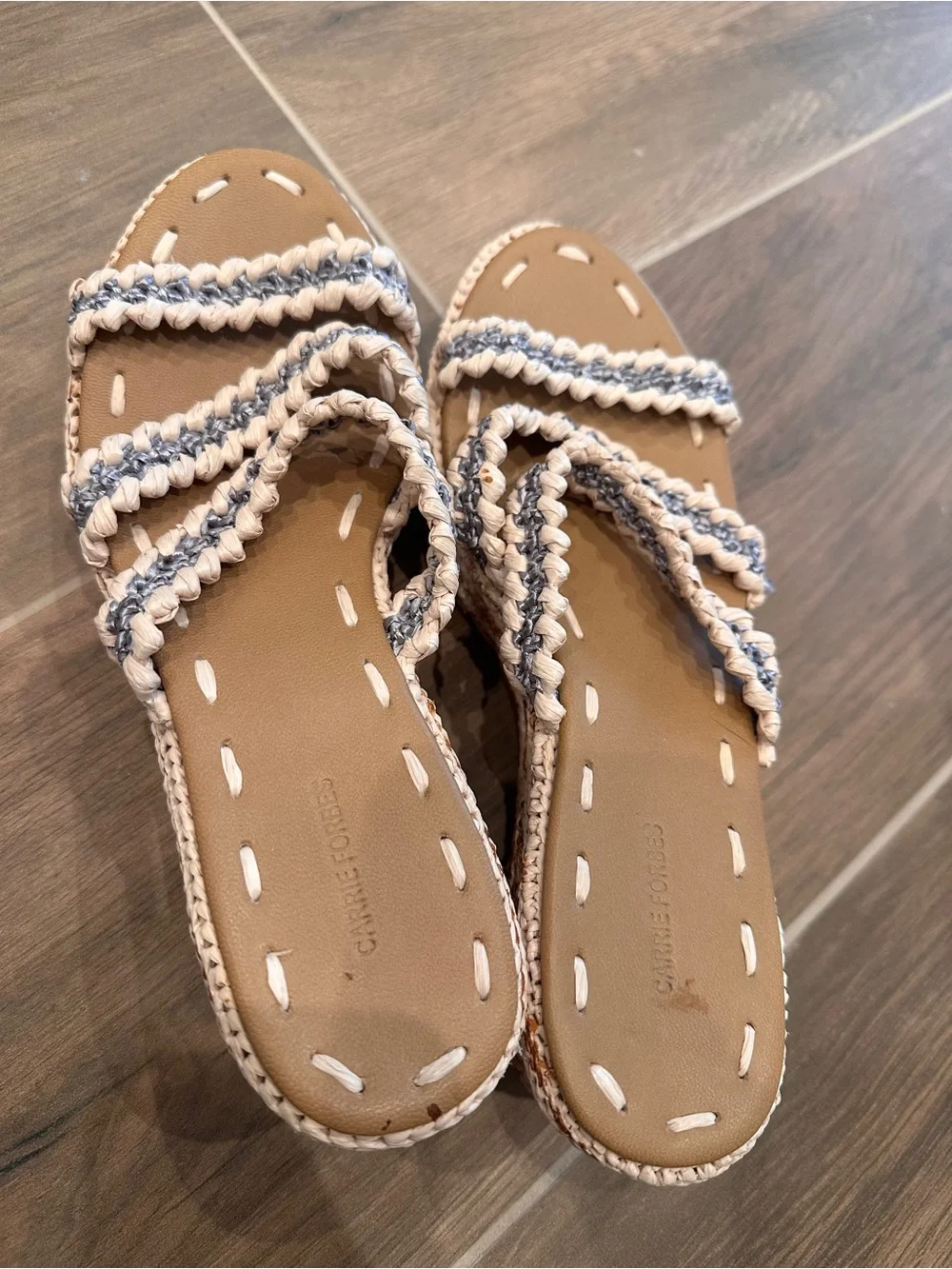 Carrie Forbes Raffia Woven Platform Wedge Sandals Cream Silver EU 37